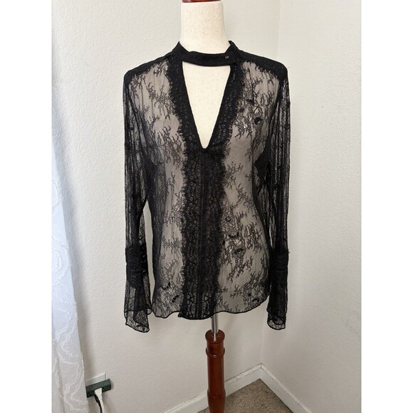 Guess Tops - Guess Womens L Black Sheer Lace Choker Neck Long Sleeve Blouse Romantic Goth